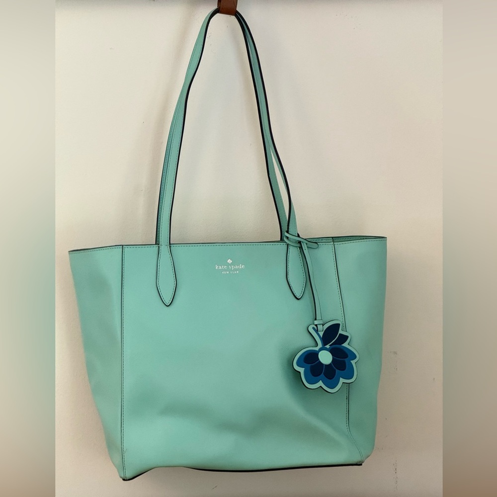 Kate Spade Mint Green Tote Bag with Floral Charm